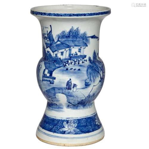 Chinese Blue and White Glazed Porcelain Gu Form Vase