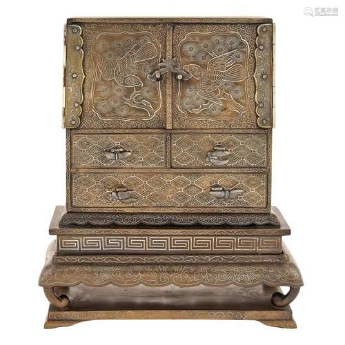 Japanese Silver Inlaid Bronze Miniature Cabinet