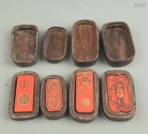 SET OF FINELY CARVED CINNABAR INK WITH WOODEN CASE