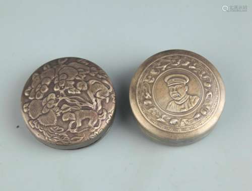 GROUP OF TWO FINELY CARVED BRONZE INK BOX