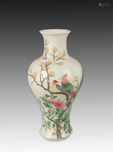 A FAMILLE ROSE PONEY AND BIRD PATTERN VASE