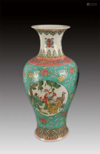 GREEN GROUND FAMILLE ROSE GUAN YIN PORCELAIN VASE