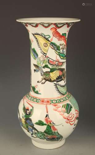 A FAMILLE VERTE STORY PAINTED LONG NECK VASE