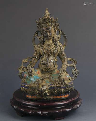 A BRONZE CLOISONNE ENAMEL DZAMBALA STATUE