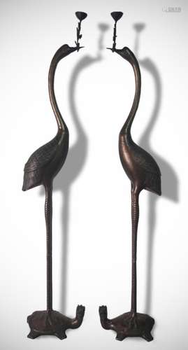 PAIR OF TALL BRONZE CRANE SHAPED CANDLE STAND