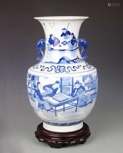 BLUE AND WHITE STORY PATTERN ELEPHANT EAR PORCELAIN VASE