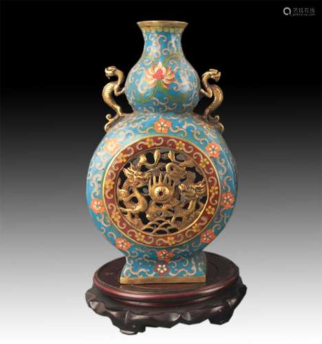 A FINE FAIENCE COLOR DRAGON CARVING CUCURBIT SHAPED VASE