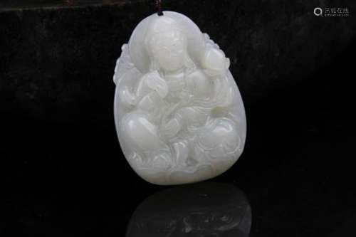 A FINE HE TIAN GREENISH WHITE JADE IN FIGURE OF GUAN YIN