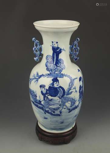 BLUE AND WHITE CHARACTER PATTERN DOUBLE EAR PORCELAIN VASE