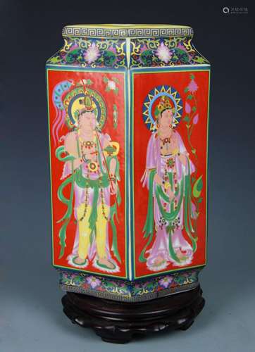 A ENAMEL COLOR CHARACTER PAINTED DIAMOND SHAPE VASE