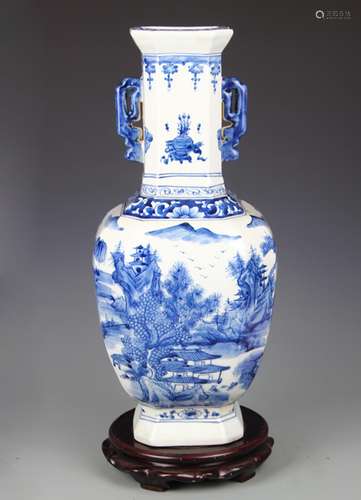 BLUE AND WHITE LANDSCAPE DOUBLE EAR VASE