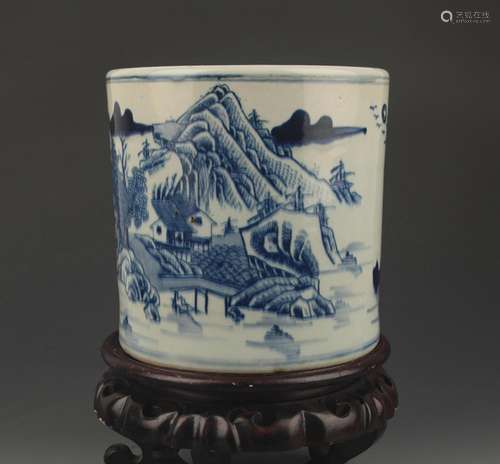 BLUE AND WHITE LANDSCAPE PORCELAIN BRUSH HOLDER