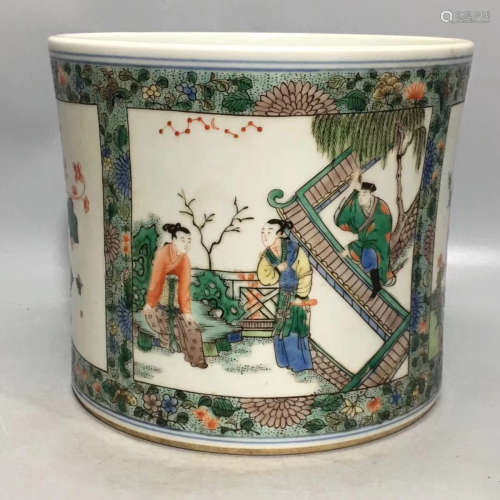 A MULTI-COLORED FIGURE STORY PATTERN BRUSH POT