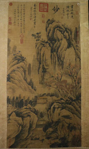 AN OLD TIBETAN LANDSCAPE PATTERN PAINTING