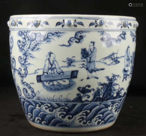 A BLUE & WHITE FIGURE PATTERN VAT