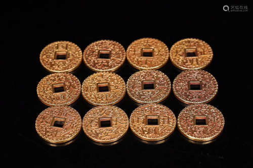 17-19TH CENTURY, 12 GILT BRONZE COINS, QING DYNASTY