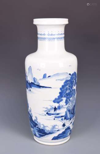A LARGE BLUE AND WHITE 'LANDSCAPE' ROULEAU VASE, KANGXI PERIOD