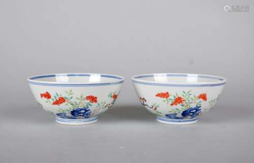 A PAIR OF BLUE AND WHITE AND FAMILLE ROSE BOWLS, 'TUI SI TANG ZHI' MARK, QING DYNASTY