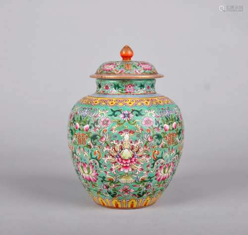 A TURQUOISE-GROUND FAMILLE ROSE 'DOUBLE-HAPPINESS' JAR AND COVER, JIAQING MARK AND OF THE PERIOD