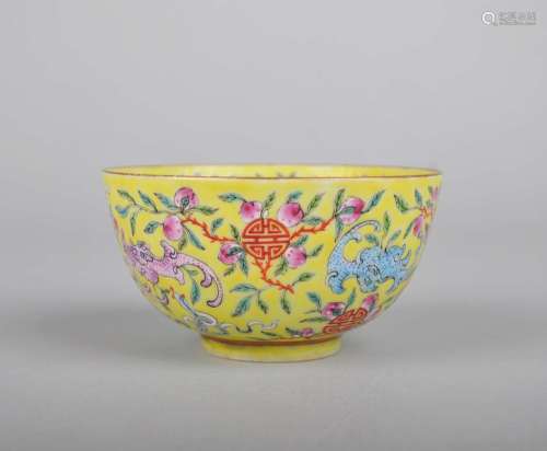 A YELLOW-GROUND FAMILLE ROSE BOWL, GUANGXU MARK AND OF THE PERIOD