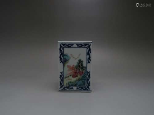 A BLUE AND WHITE AND ENAMELED BRUSH WASHER, QIANLONG MARK