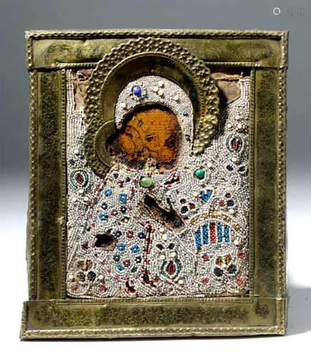 19th C. Russian Icon Brass Oklad / Beads Virgin of Kiss