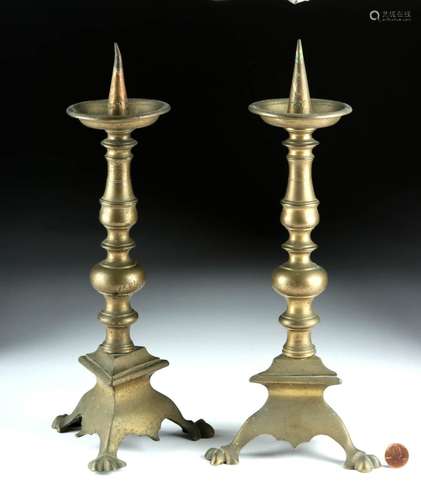 Early 19th C. French Brass Pricket Candlesticks (pr)