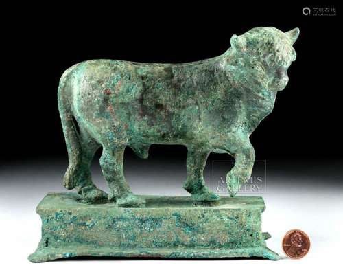 Huge Roman Bronze Striding Bull on Plinth