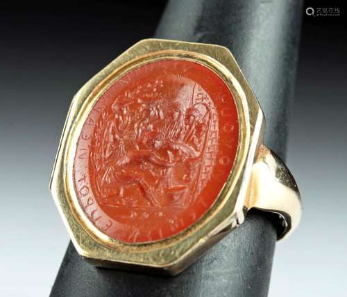 Victorian Carnelian Intaglio & 14K+ Gold Ring - 6.8 g