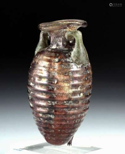 Roman Sidonian Glass Amphoriskos - Aubergine & Aqua