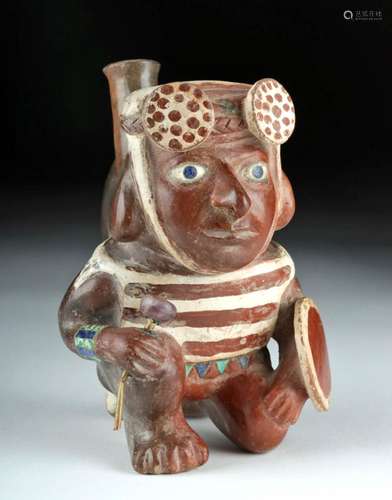 Superb Moche Kneeling Warrior, Inset w/ 14K Gold, Lapis