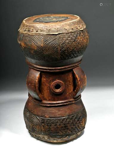 Early 20th C. African Chokwe Wood, Pitch & Hide Drum