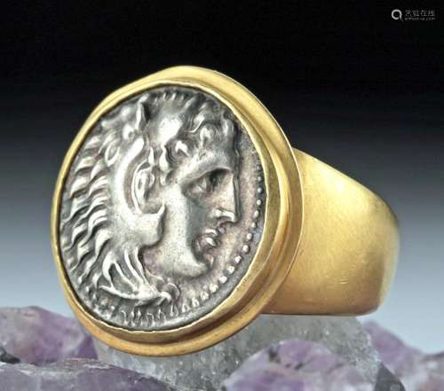 Alexander the Great Silver Drachm Coin in 18K Gold Ring