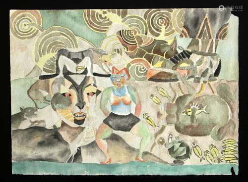 20th C. Mexican Watercolor Painting, Francisco Toledo