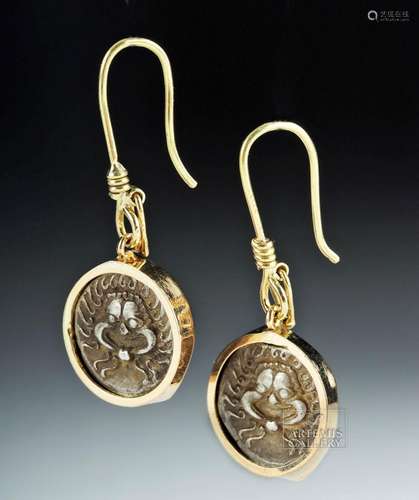 Greek Silver Drachma Coin Earrings w/ 18K Gold, 8.4g