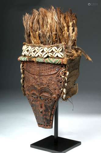 African Lele Wood Mask w/ Shells, Palm Fronds