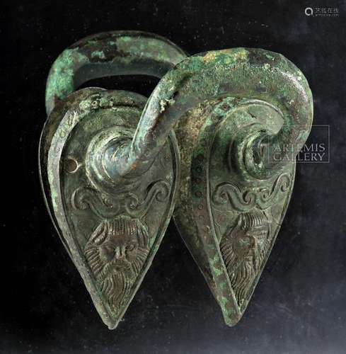 Pair of Etruscan Bronze Stamnos Handles, Ex-Christie's