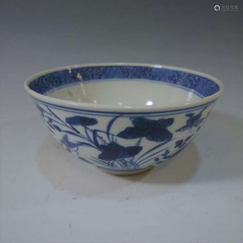 ANTIQUE CHINESE BLUE WHITE BOWL - KANGXI MARK AND PERIOD