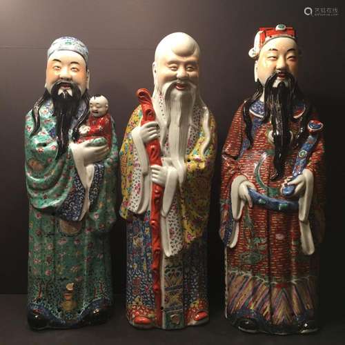 ANTIQUE Large Three Chinese Famille Rose Figurines, late 19th C, Mao Ji Sheng marks