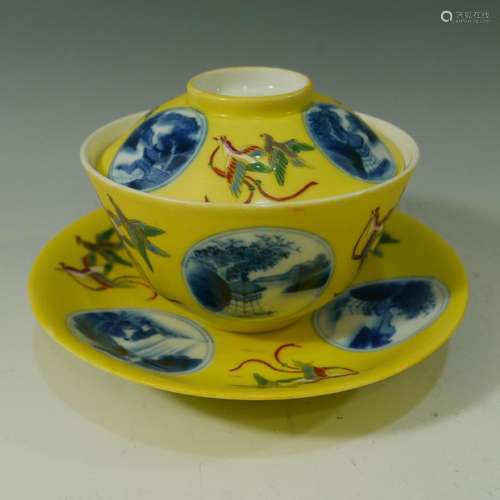 SET TEABOWL WITH LANDSCAPE ON YELLOW GROUND. QIANLONG MARK