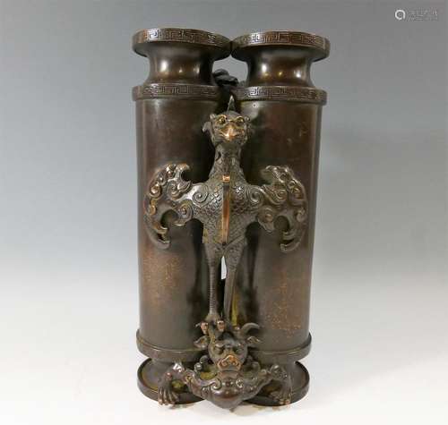 ANTIQUE CHINESE BRONZE DOUBLE VASE - QIANLONG MARK 18TH CENTURY