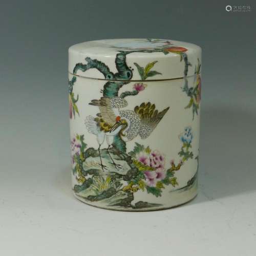 FAMILLE ROSE LIDDED JAR PAINTED W/ CRANES AND PINE TREES. JIAPING MARK.