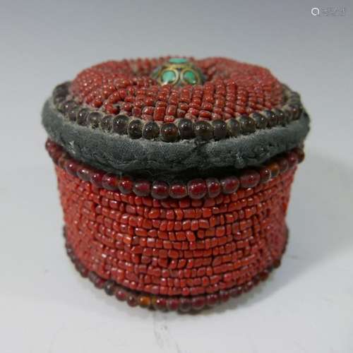 ANTIQUE TIBETAN CORAL AND TUQUOISE BEADS BOX