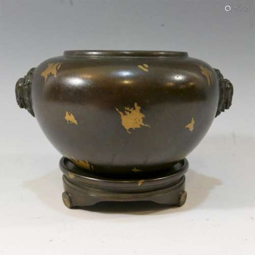 ANTIQUE CHINESE BRONZE GOLD SPLASHED CENSER - 18TH CENTURY