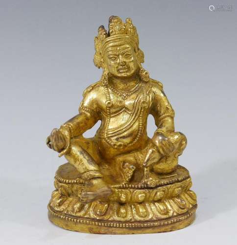 SMALL SINO TIBETAN GILT BRONZE BUDDHA OF WEALTH - 17/18TH CENTURY