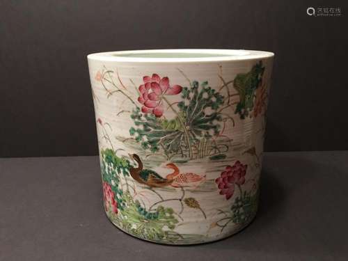 ANTIQUE Chinese Famille Rose Large Brush Pot, Late Qing