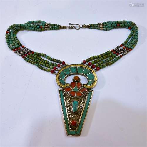 SINO TIBETAN STERLING SILVER TURQUOISE CORAL NECKLACE