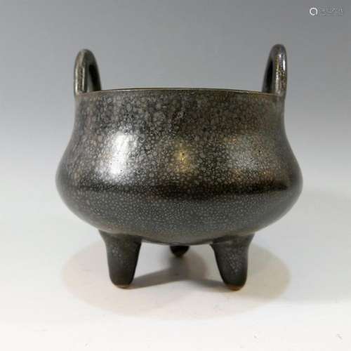 CHINESE ANTIQUE OIL SPOT GLAZE TRIPOD CENSER - 18TH CENTURY YONGZHENG PERIOD