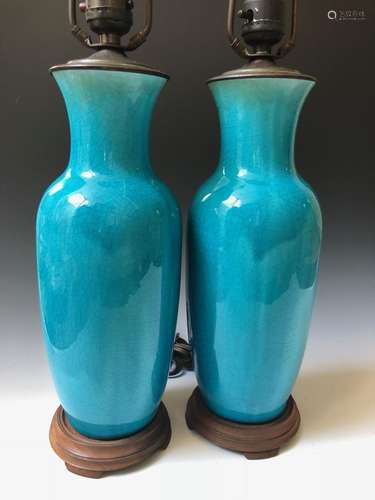 A PAIR CHINESE ANTIQUE BLUE GLAZE VASES LAMPS