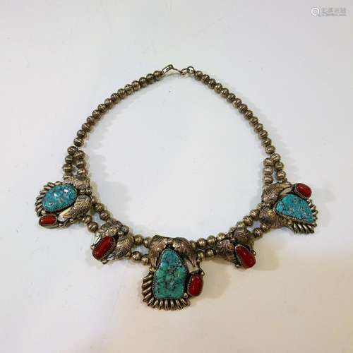 NAVAJO STERLING SILVER CORAL TURQUOISE NECKLACE